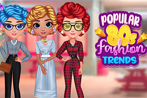 Három női figura, különböző színes frizurával, retro ruhákban, mellette Popular 80s Fashion Trends felirat színes betűkkel
