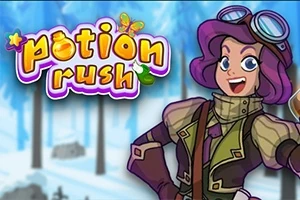 Rajzolt karakter lila hajjal és steampunk stílusú ruhában, háttérben havas tájjal és potion rush felirattal