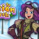 Rajzolt karakter lila hajjal és steampunk stílusú ruhában, háttérben havas tájjal és potion rush felirattal