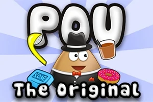 Rajzolt barna csepp alakú figura öltönyben és kalapban, egy pohár itallal, fánkkal és szappannal körülvéve, háttérben a „Pou The Original” felirattal