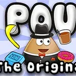 Rajzolt barna csepp alakú figura öltönyben és kalapban, egy pohár itallal, fánkkal és szappannal körülvéve, háttérben a „Pou The Original” felirattal