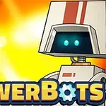 Két rajzolt robot fényes háttér előtt, alul a PowerBots felirat