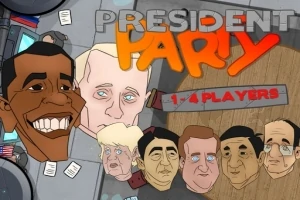 Karikatúraszerű portrék vezető politikusokról, a háttérben a President Party és 1-4 Players feliratokkal