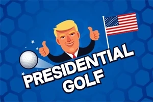 Rajzfilmfigura mosolyog és felfelé mutat a hüvelykujjával, mellette egy golf labda és egy amerikai zászló, alul a Presidential Golf felirat