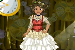 Egy barna hajú lány steampunk stílusú ruhában, fogaskerekekkel díszített háttér előtt áll