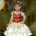 Egy barna hajú lány steampunk stílusú ruhában, fogaskerekekkel díszített háttér előtt áll