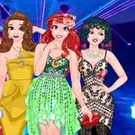 Négy rajzolt női figura estélyi ruhában, különböző stílusokban, diszkófényekkel a háttérben