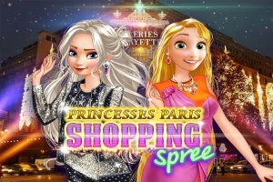 Két animált hercegnő fényes ruházatban egy kivilágított városi háttér előtt, a Princesses Paris Shopping Spree felirattal