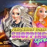Két animált hercegnő fényes ruházatban egy kivilágított városi háttér előtt, a Princesses Paris Shopping Spree felirattal