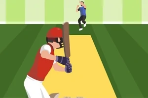 Batsman piros sisakban és mellényben várja az érkező labdát, miközben egy fehér-pólót viselő játékos dob felé
