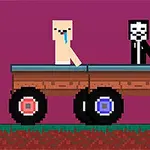 Két pixeles figura egy fából készült kocsin ül, sötét rózsaszín háttér előtt, díszített kerekekkel