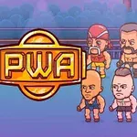 Rajzfilmszerű, izmos karakterek gyűltek össze egy nagy, középen elhelyezett PWA logó körül egy arénaszerű háttérrel