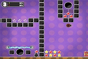 Lila háttérrel rendelkező platform pálya fekete blokkokkal, csillagokkal és különböző akadályokkal