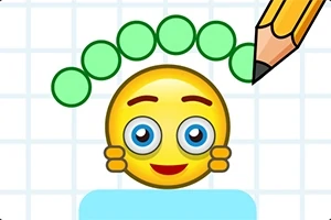 Sárga mosolygós arc kék szemekkel, felette zöld labdák sora, jobbra egy ceruza, kockás háttérrel