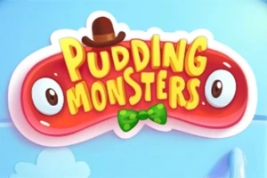Egy piros, mosolygó alak zöld csokornyakkendővel és kalappal, amelyen a Pudding Monsters felirat található