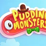 Egy piros, mosolygó alak zöld csokornyakkendővel és kalappal, amelyen a Pudding Monsters felirat található