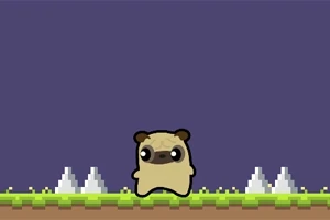 Egy aranyos rajzolt kutya áll pixelgrafikás zöld mezőn, körülötte tüskék