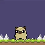 Egy aranyos rajzolt kutya áll pixelgrafikás zöld mezőn, körülötte tüskék