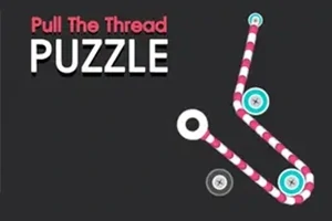 A fekete háttér előtt egy fehér-piros csíkos szál kacskaringózik, amely gombokon megy keresztül, mellette pedig a „Pull The Thread PUZZLE” felirat látható