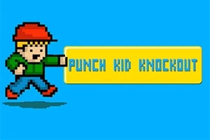 Egy piros sapkás és zöld felsős, pixeles figura egy sárga szövegdobozt üt meg, amelyen a PUNCH KID KNOCKOUT szöveg olvasható, kék háttérrel