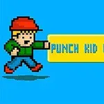 Egy piros sapkás és zöld felsős, pixeles figura egy sárga szövegdobozt üt meg, amelyen a PUNCH KID KNOCKOUT szöveg olvasható, kék háttérrel