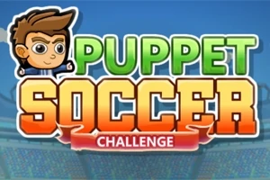 Rajzfilmfigura focista és élénk színű Puppet Soccer Challenge felirat stadion háttérrel