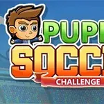 Rajzfilmfigura focista és élénk színű Puppet Soccer Challenge felirat stadion háttérrel