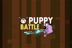 Barna csíkos háttér előtt egy rajzfilmszerű kutya cilinderrel és kék lövedékekkel, mellette PUPPY BATTLE felirat