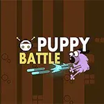 Barna csíkos háttér előtt egy rajzfilmszerű kutya cilinderrel és kék lövedékekkel, mellette PUPPY BATTLE felirat