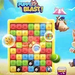 Színes blokkokkal teli játékmező, vidám kutyával és animált elemekkel, trópusi háttérrel