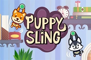 Két rajzolt kutyus hintázik a Puppy Sling felirat körül, egy szoba háttérrel, könyvekkel és órával