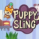 Két rajzolt kutyus hintázik a Puppy Sling felirat körül, egy szoba háttérrel, könyvekkel és órával
