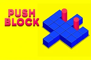 Sárga háttéren kék kocka alakzat piros hengerekkel, mellette rózsaszín Push Block felirat