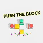 Színes négyzetek és körök elrendezése felett a PUSH THE BLOCK felirat látható