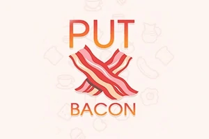 Felirat piros árnyalatokkal és két keresztezett bacon szalaggal