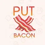 Felirat piros árnyalatokkal és két keresztezett bacon szalaggal