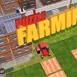 Színes betűkkel írt Puzzle Farming felirat egy mezőgazdasági terület felett, mellette épületek és egy piros traktor