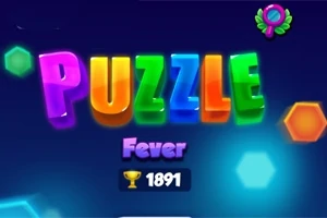 Színes, 3D hatású PUZZLE Fever felirat sötét háttéren, trófea ikonnal és pontszámmal