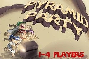 Egy rajzfilmstílusú jelenet, ahol négy karakter egy kincsesládát nyit ki, a háttérben nagy, dőlt betűkkel a PYRAMID PARTY felirat látható, alatta pedig 1-4 PLAYERS