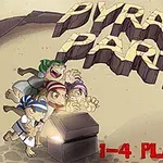 Egy rajzfilmstílusú jelenet, ahol négy karakter egy kincsesládát nyit ki, a háttérben nagy, dőlt betűkkel a PYRAMID PARTY felirat látható, alatta pedig 1-4 PLAYERS