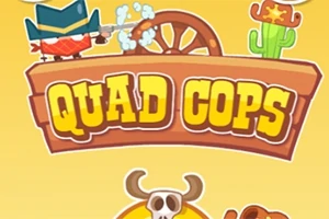 Rajzolt cowboy kalapban lövöldöz a Quad Cops felirat mellett, háttérben kaktusszal és kerékkel