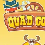 Rajzolt cowboy kalapban lövöldöz a Quad Cops felirat mellett, háttérben kaktusszal és kerékkel