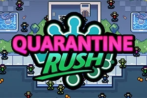 Színes, rajzfilmszerű kép középen nagy Quarantine Rush felirattal és körülötte kis, stilizált emberalakokkal