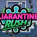 Színes, rajzfilmszerű kép középen nagy Quarantine Rush felirattal és körülötte kis, stilizált emberalakokkal