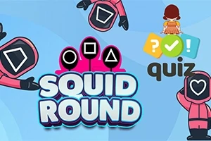 Rózsaszín ruhás figurák és geometriai alakzatok a háttérben, „Squid Round” és „quiz” feliratokkal