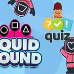 Rózsaszín ruhás figurák és geometriai alakzatok a háttérben, „Squid Round” és „quiz” feliratokkal