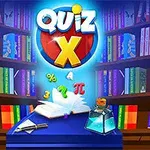 Egy könyvespolc színes könyvekkel, elöl nyitott könyv, tintatartó és lebegő matematikai szimbólumok