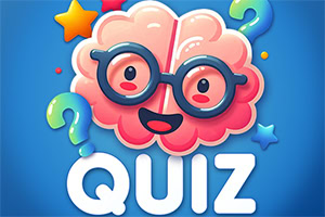 Mosolygó rajzolt agy szemüvegben, kérdőjelekkel és nagy „QUIZ felirattal kék háttéren