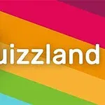 Színes csíkokkal díszített grafika a Quizzland felirattal