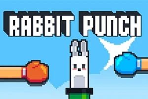 Két, piros és kék kesztyűs ököl között egy pixelgrafikás nyúlfej látható kék háttér előtt, felette Rabbit Punch felirat